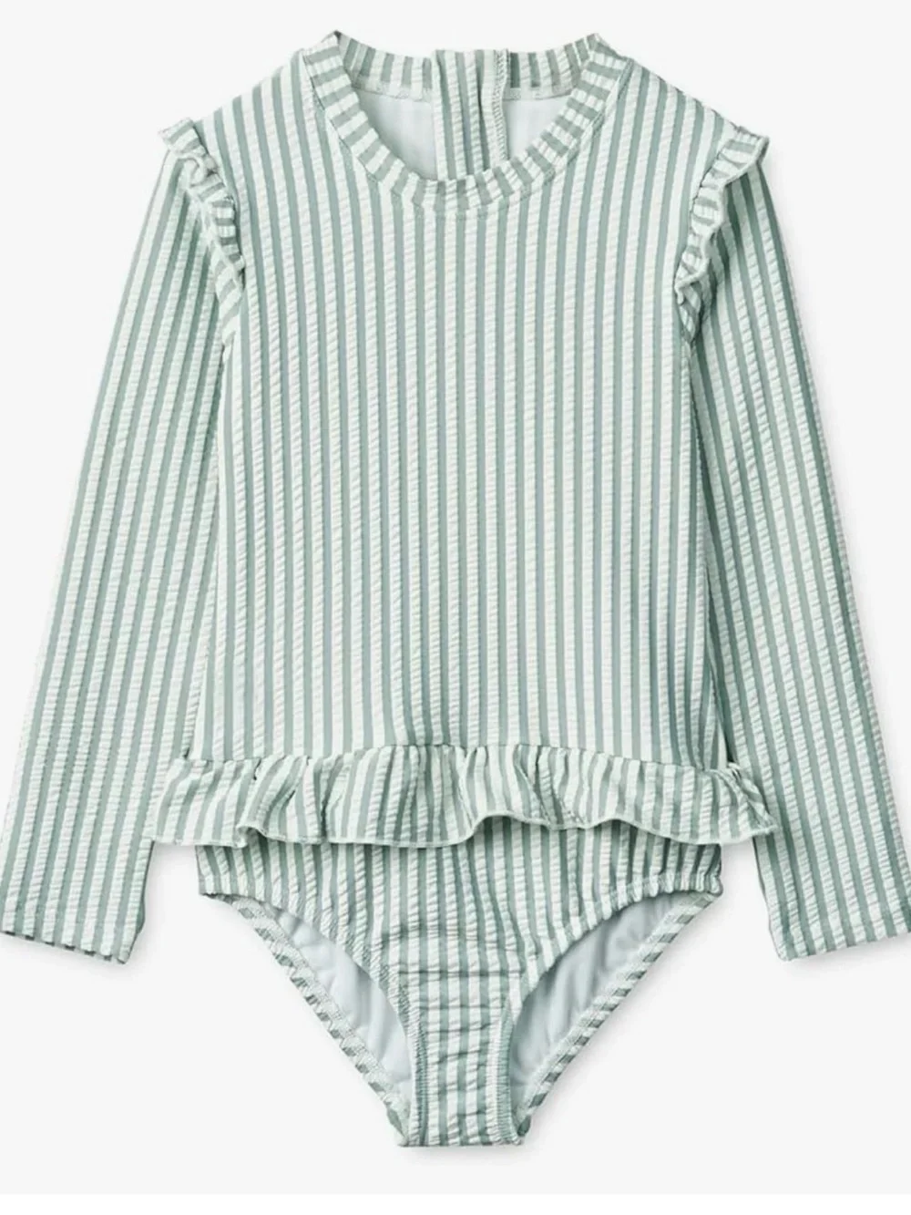 Girls' Long-Sleeve Ruffle One-Piece Swimsuit in Sage Stripe